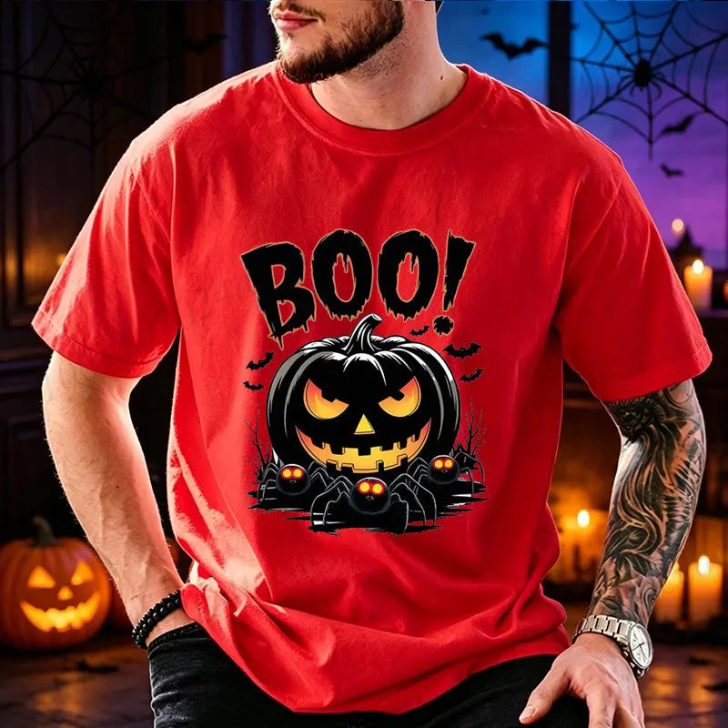 Men Halloween Boo Pumpkin Print T‑Shirt O‑Neck Casual Tee Spooky Spider Bat Graphic Tops Holiday Party Streetwear Men Clothing