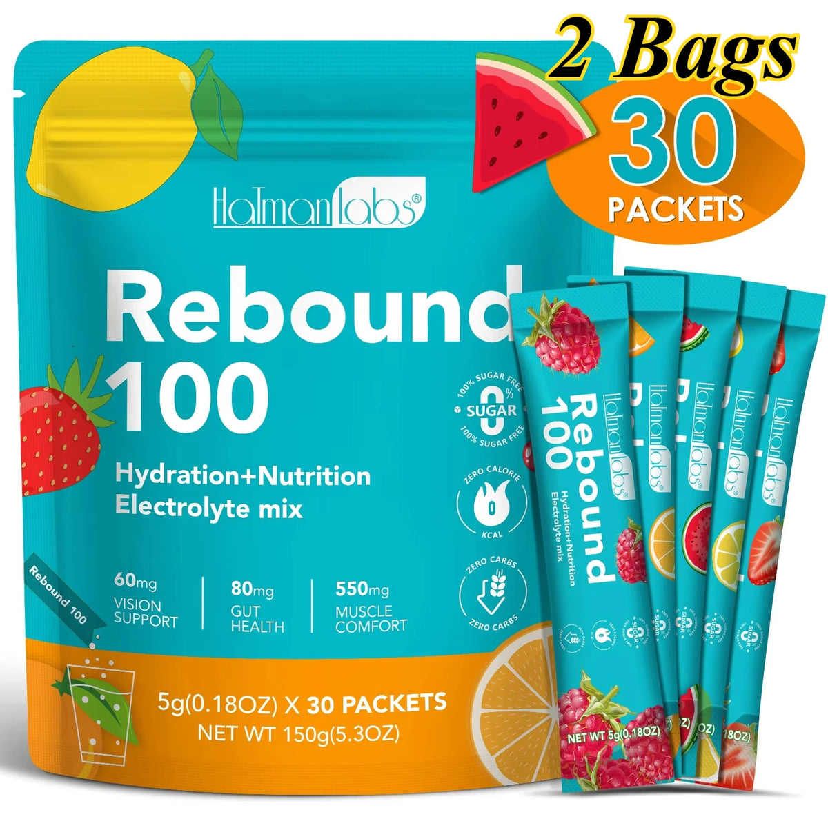 HolmanLabs Rebound 100 Electrolyte Supplement Powder Sugar Free Hydration Gut Vision Muscle Health Vitamins C B6 B12 30 Packets