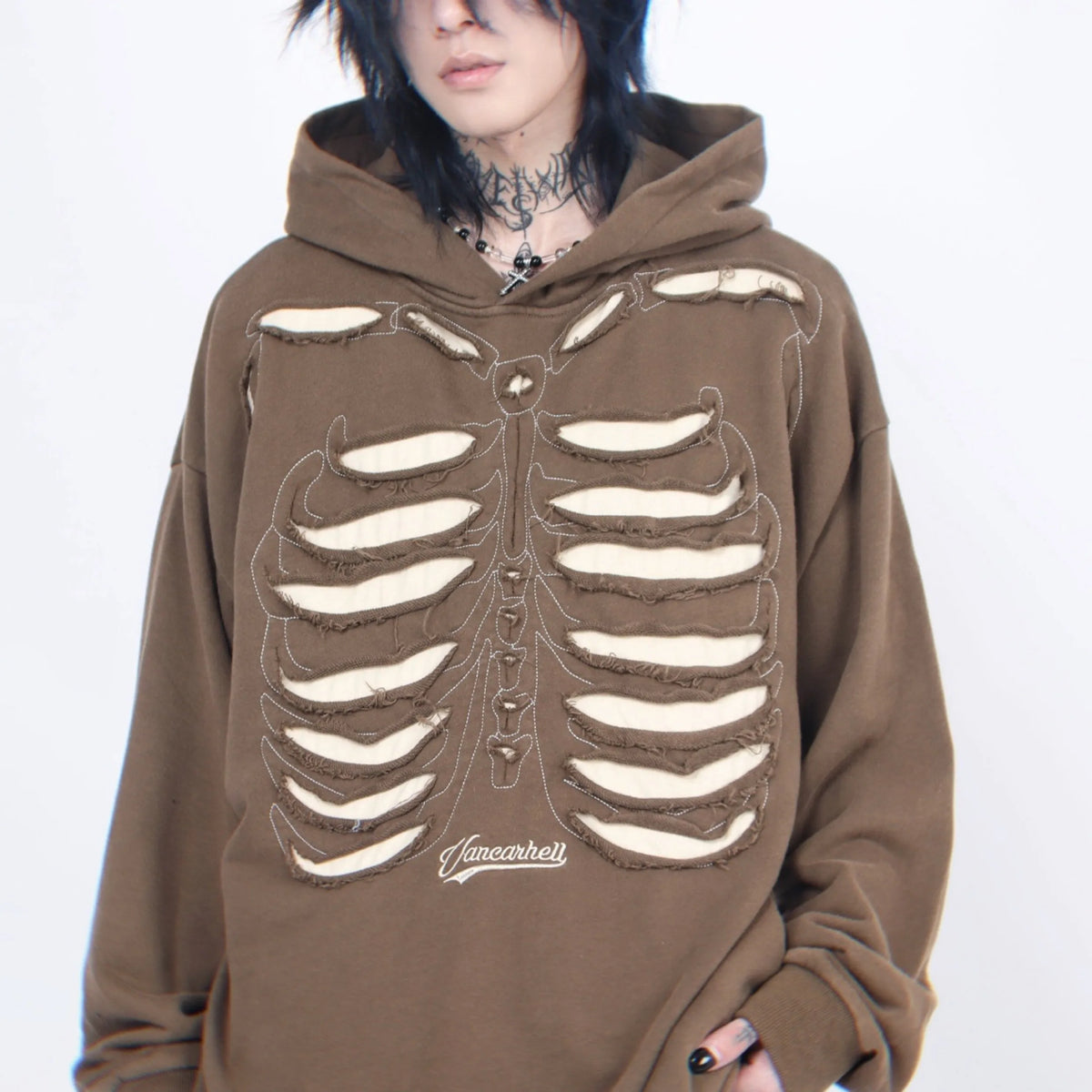 Autumn Winter Ripped Hole Skeleton Design Punk Hip Hop Hoodie Men Women High Street Vintage Oversize Hoodies