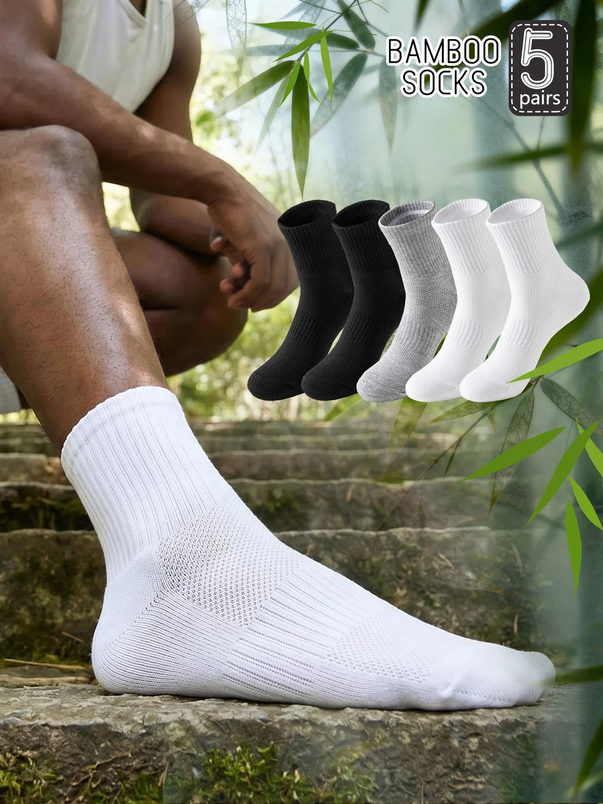 5 pairs Bamboo Fiber Mesh Socks Men Summer Thin Breathable Anti-Sweat No Smell Medium Tube Socks for Business Commute Sports