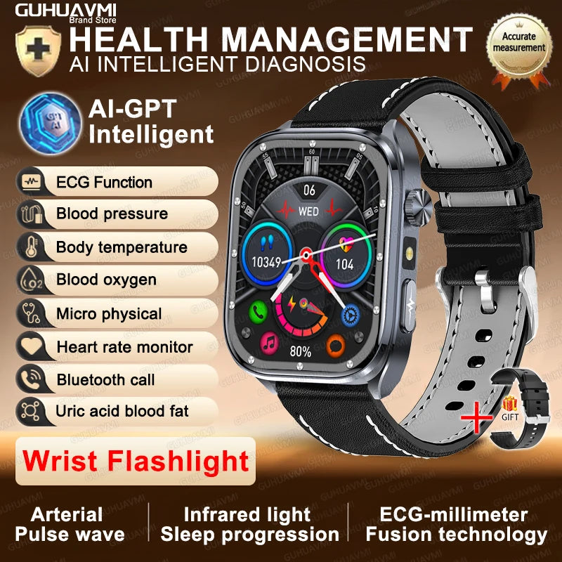 New Accurate Blood Pressure Smart Watch Uric Acid ECG+PPG Blood Oxygen Body Analysis Body Fat LED Flashlight smart watches 2025