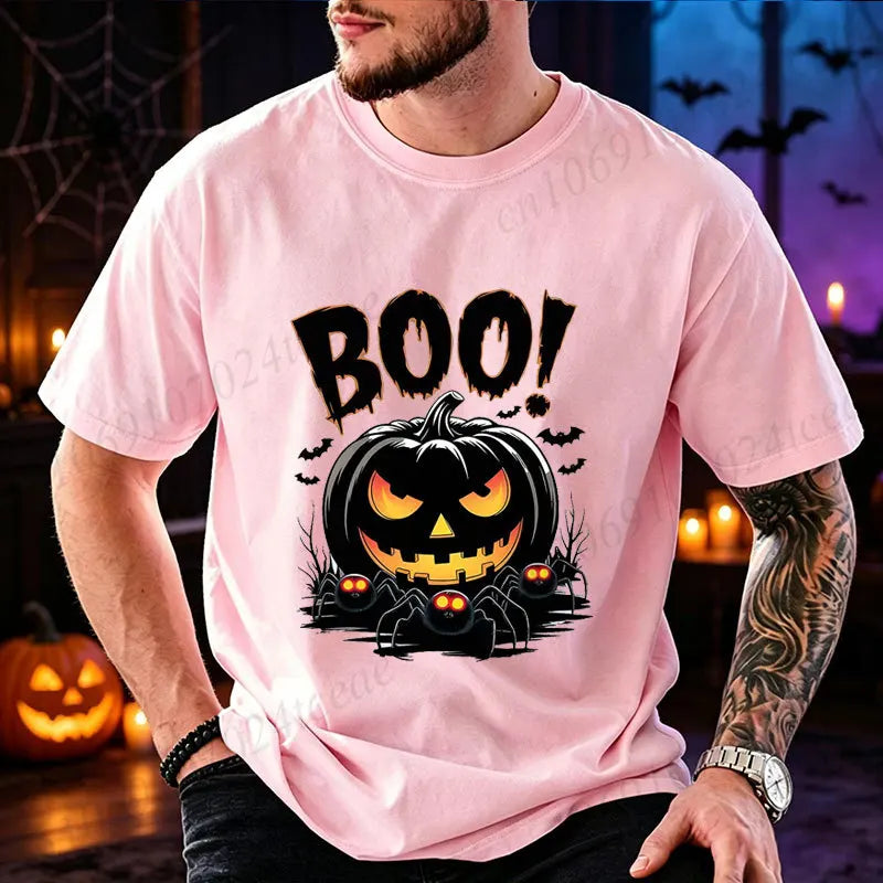 Men Halloween Boo Pumpkin Print T‑Shirt O‑Neck Casual Tee Spooky Spider Bat Graphic Tops Holiday Party Streetwear Men Clothing