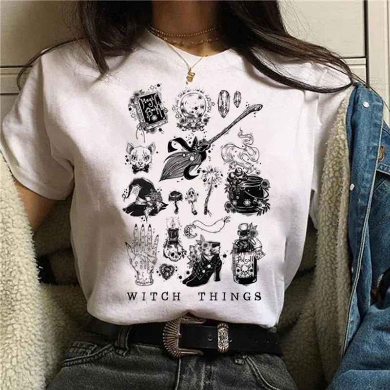 T-shirts Short Sleeve Harajuku Graphic Top Shirts Street Costume Women Cartoon Witch Magic Tshirt Halloween Print