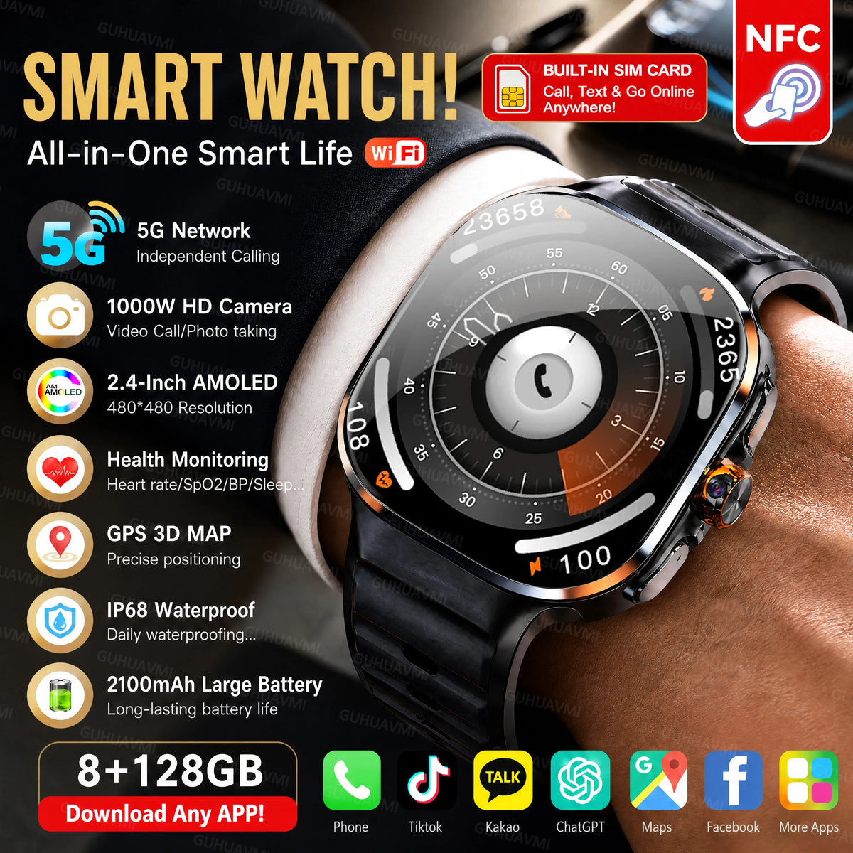 2026 New 5G/4G Smart Watch 8+128GB SIM WiFi GPS Google Maps HD Camera Video Call AI Assistant Google Play Smart Watch Men Lady