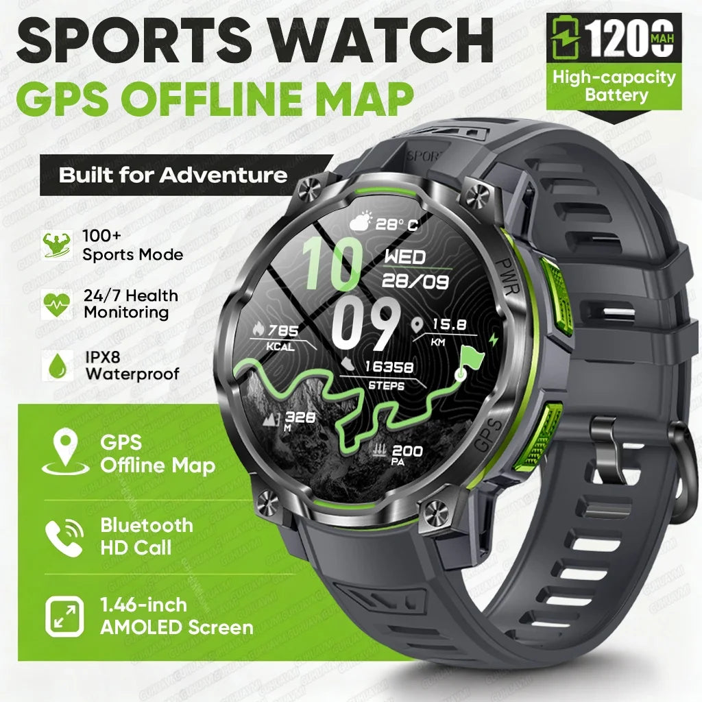 2026 New GPS Offline Map Smart Watch Men 1200mAh Battery IPX8 Waterproof Compass Altimeter  Flashlight Bluetooth Call Smartwatch