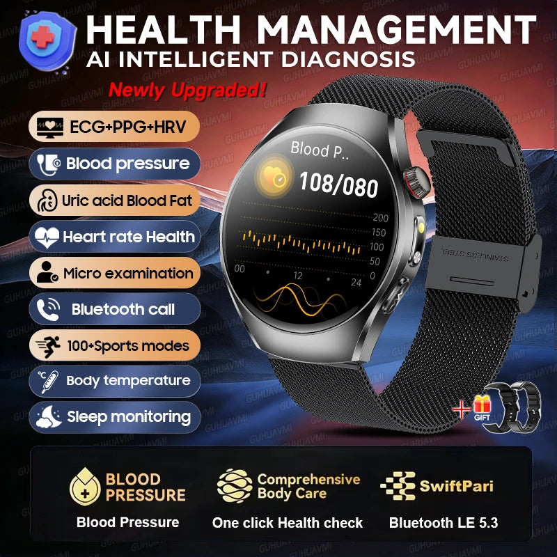 GUHUAVMI 2026Upgrade AI Diagnosis Care Smart Watch 1.47-Inch AMOLED ECG+PPG Blood Pressure Blood Lipid Smartwatchs For Men Women