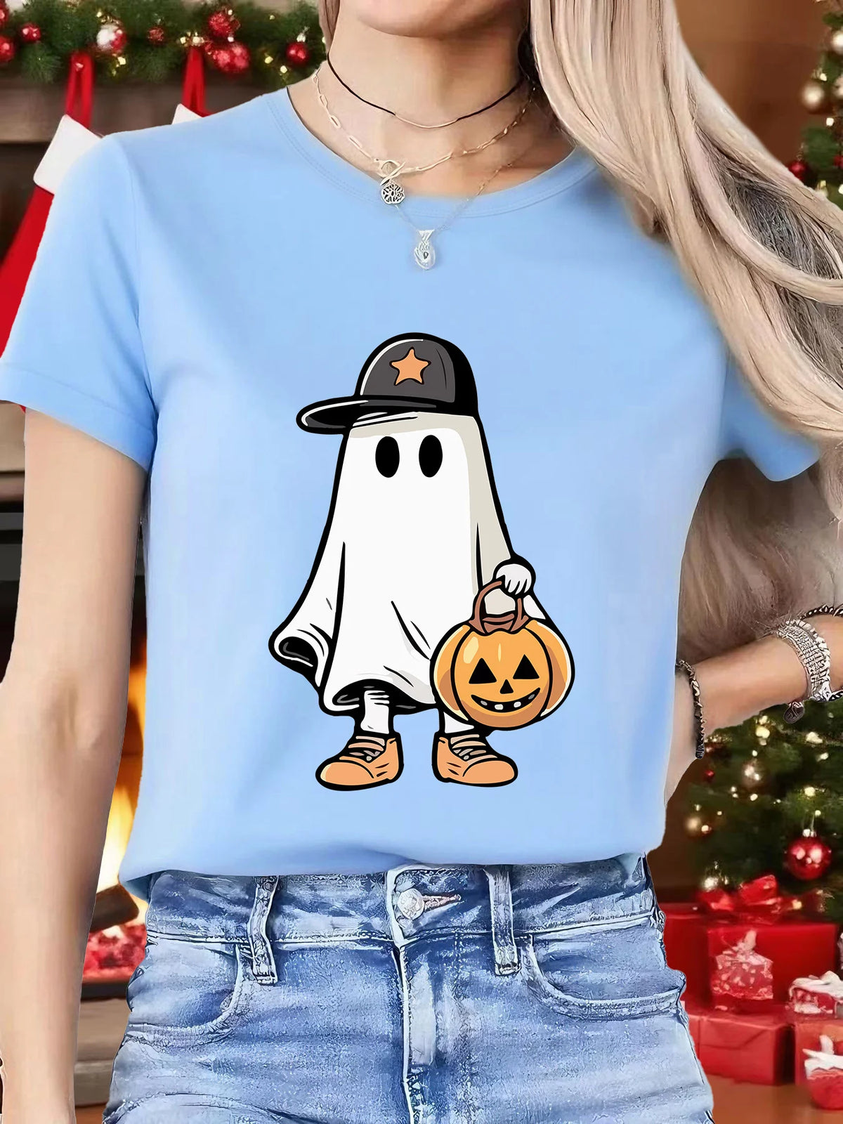 Cute Ghost Cap Pumpkin Basket Womens Crew Neck Short Sleeve T Shirt Halloween Cartoon Spooky Casual Graphic Tees For Ladies