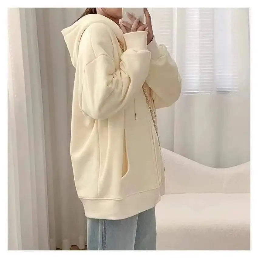 Oversize Women Hoodies Casual Solid Zip Up Hooded Sweatshirt Harajuku Korean Loose Couple Hoodie Jacket Coat Streetwear