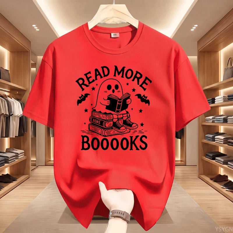 Read More Booooooks Ghost Book Lover T‑Shirt Cute Ghost Reading Book Stack Bat Star Spooky Halloween Bookworm Pun Quote Tops Tee