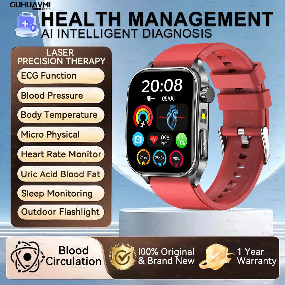 Health Managed Non-Invasive Laser Physiotherapy Smart Watch Blood Pressure Uric Acid Call ECG+PPG 650nm Laser Smart Watch 2026