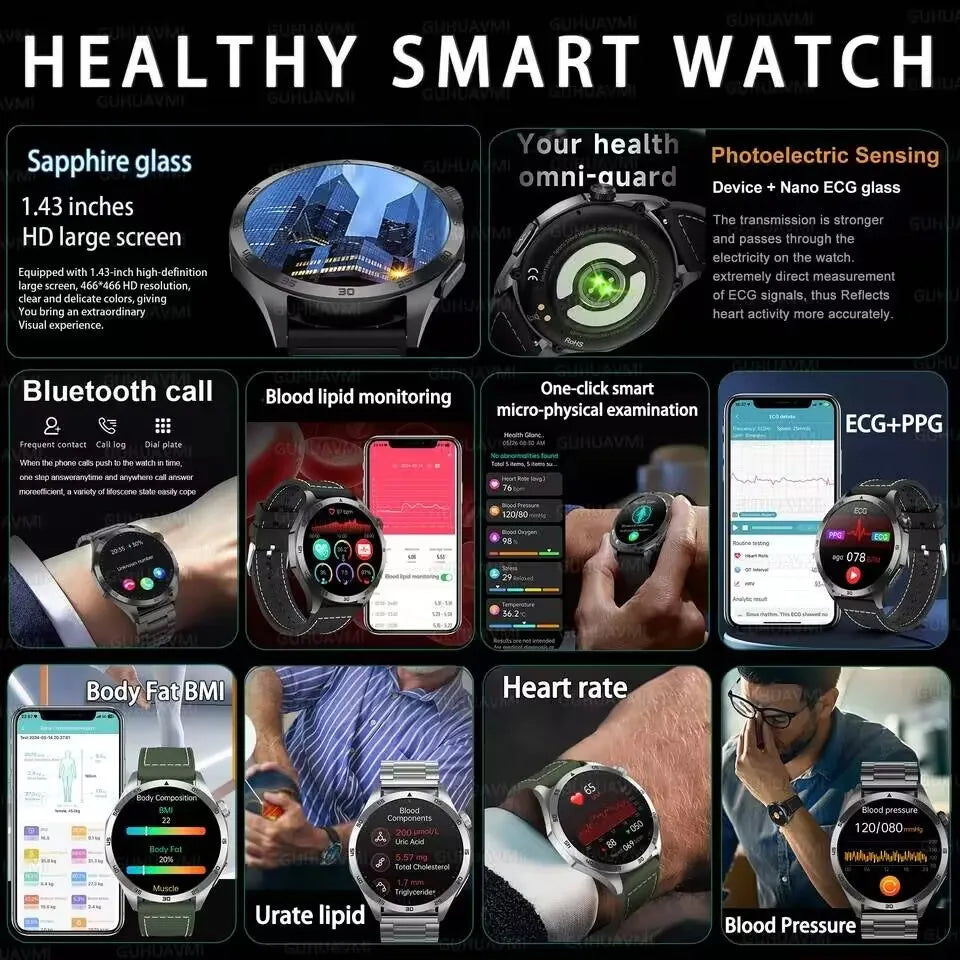 2026 New ECG+PPG Smart Watch Men Treatment Blood Pressure Uric acid Lipids Smartwatch Bluetooth Call Body analysis Health Clock