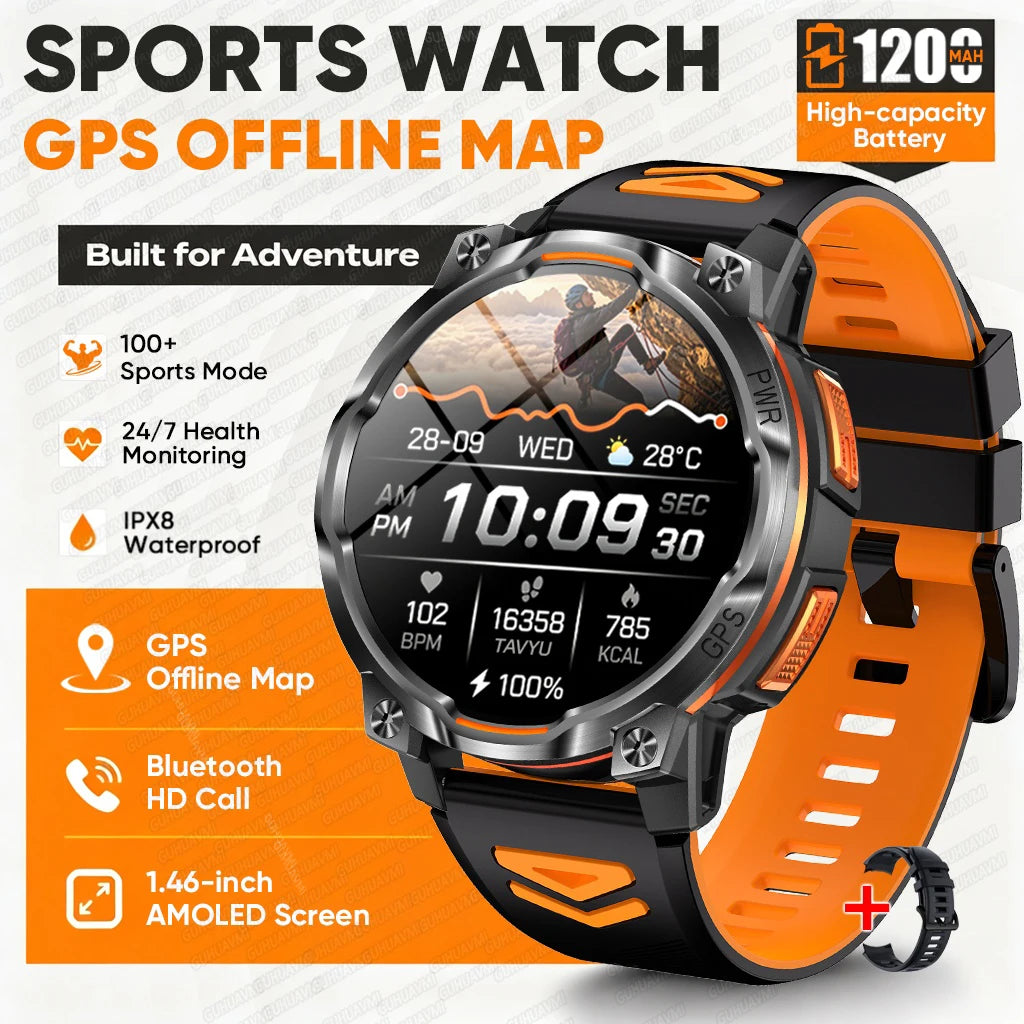 2026 New GPS Offline Map Smart Watch Men 1200mAh Battery IPX8 Waterproof Compass Altimeter  Flashlight Bluetooth Call Smartwatch