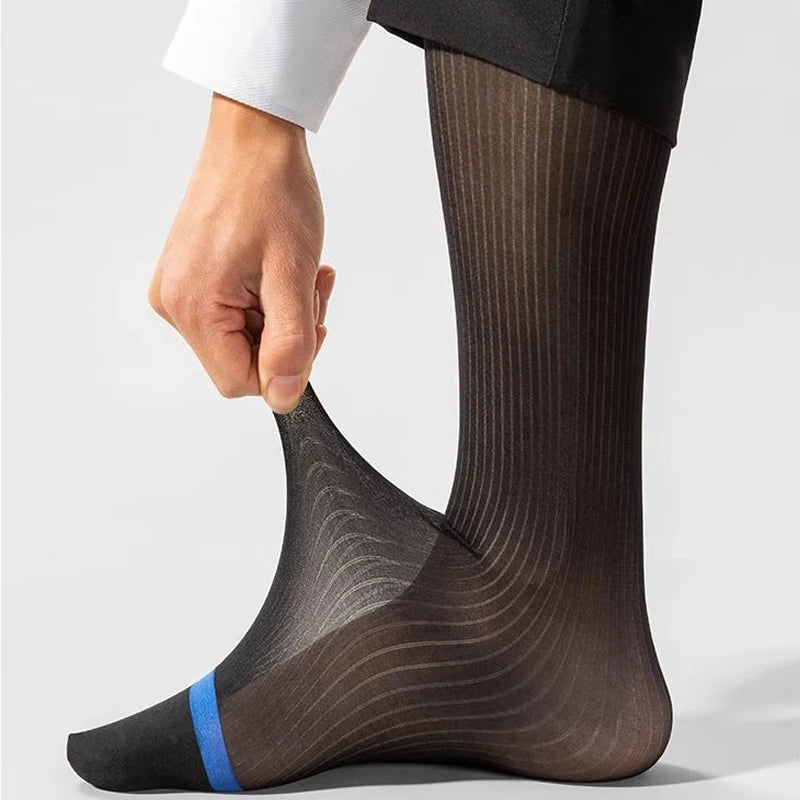 7 Pairs Man Short Silk Socks Business Thin Nylon Striped Breathable Soft Elastic Below Knee Calf Formal Wear Crew Sock Gentleman