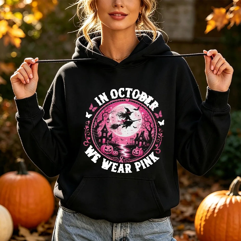 In October We Wear Pink Print Hoodie Halloween Witch Graphic Pullover Pink Ribbon Survivor Support Long Sleeve Blouse Hoodies