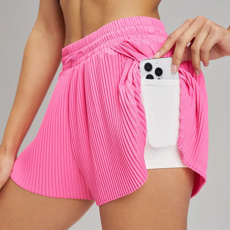Stretch Outdoor Activities Gym Shorts for Summer Training Women's Quick Dry Sport Pleated Shorts with Hidden Pocket