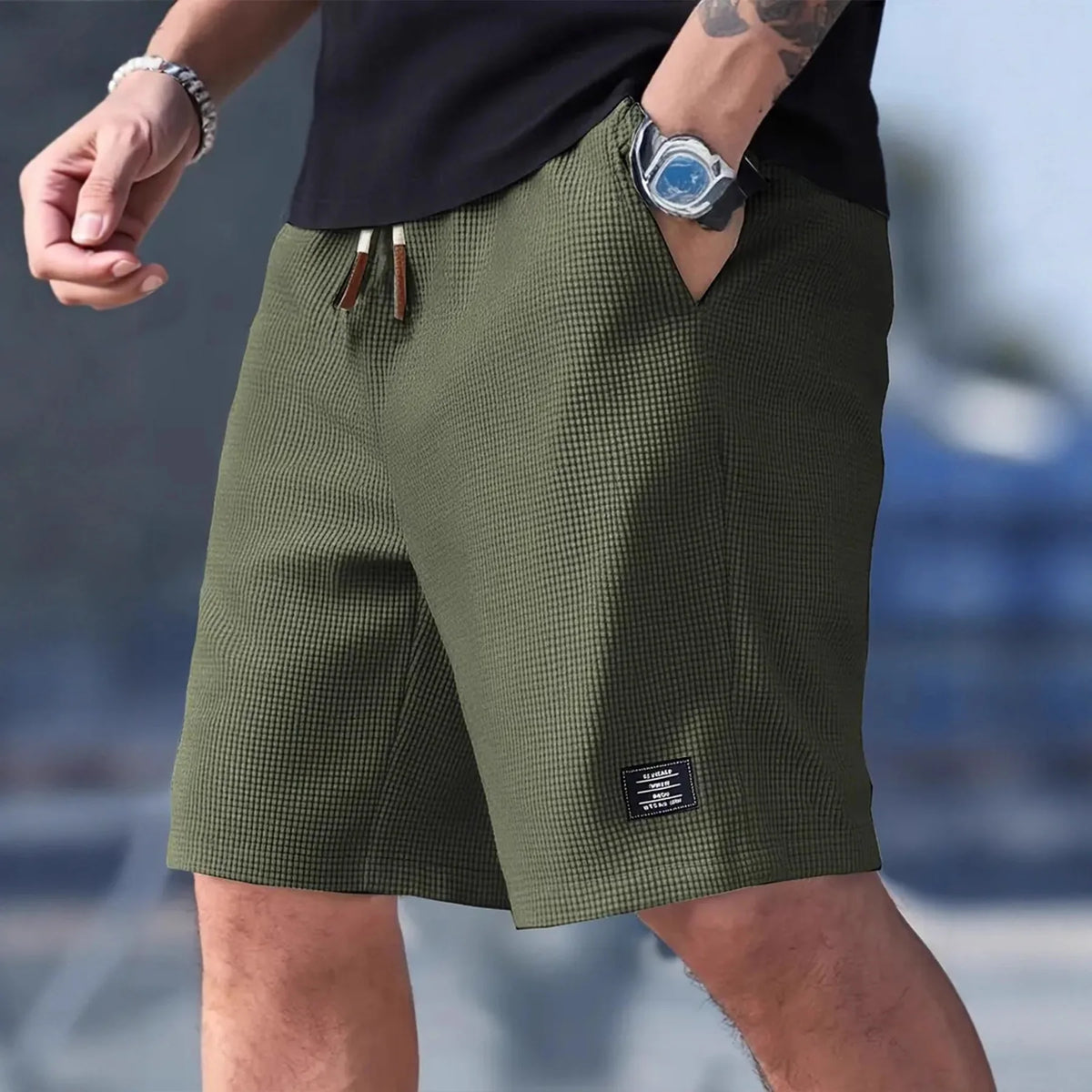 2026 Summer Men's Waffle Texture Casual Sports Beach Shorts Quick Dry Trendy Versatile Bermuda Shorts Streetwear Lightweight