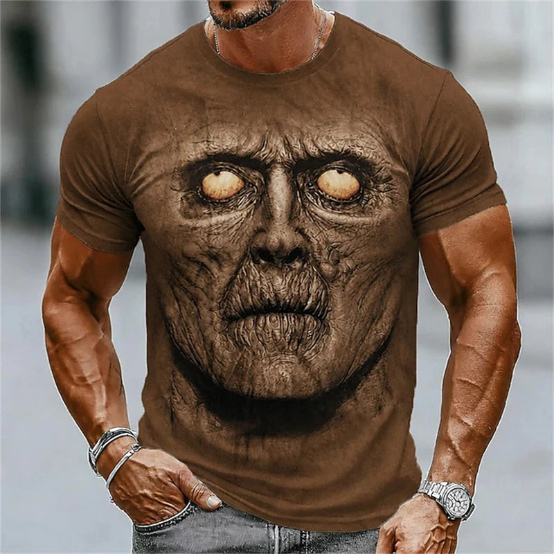 New Men's Halloween Crew-Neck Short-Sleeve T-Shirt Soldier Skull Blood Splatter Print Casual Streetwear Holiday Party Top