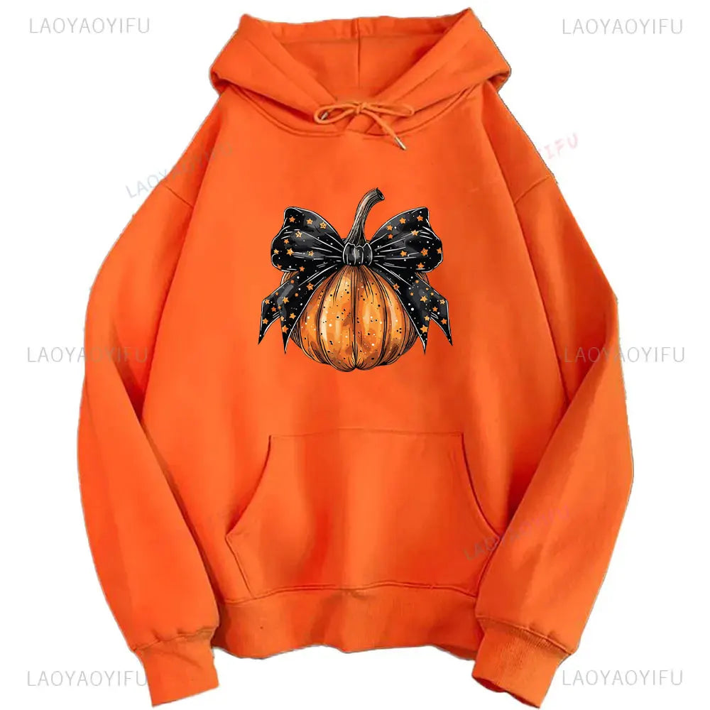 2024 Halloween Orange Hoodie Kawaii Halloween Pumpkin bowknot Women's Hoodie Harajuku Halloween Print Autumn Warm Unisex Hoodie