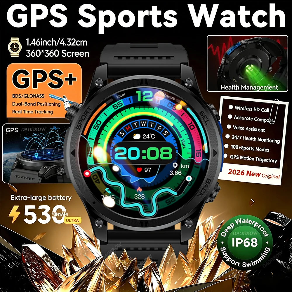 Gold Smartwatch for Men: 1.46-Inch AMOLED Screen, LED Flashlight, 560mAh Battery, 10ATM Waterproof, Bluetooth Call Smartwatch