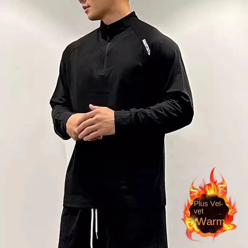 Men's Long Sleeve Loose Quick-Dry Half-Zip Sport T-Shirt, American Style Running Basketball Training Top for Autumn and Winter