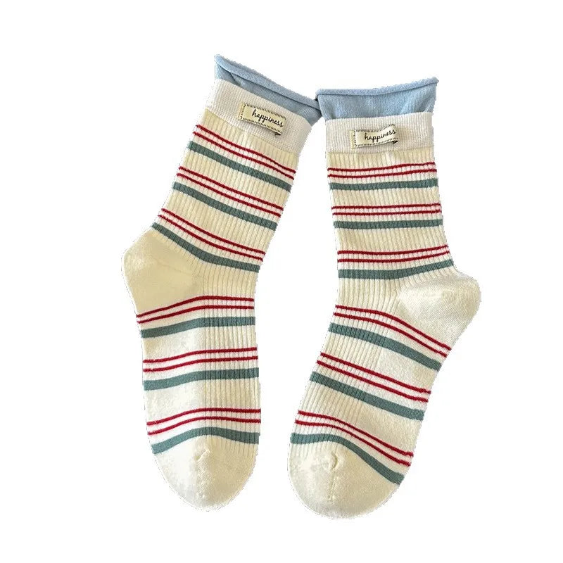 5 Pairs Women's Socks Pack High-quality Pile Socks For Girl Korean Striped Simple Fashionable Versatile Sweet Middle Tube Socks