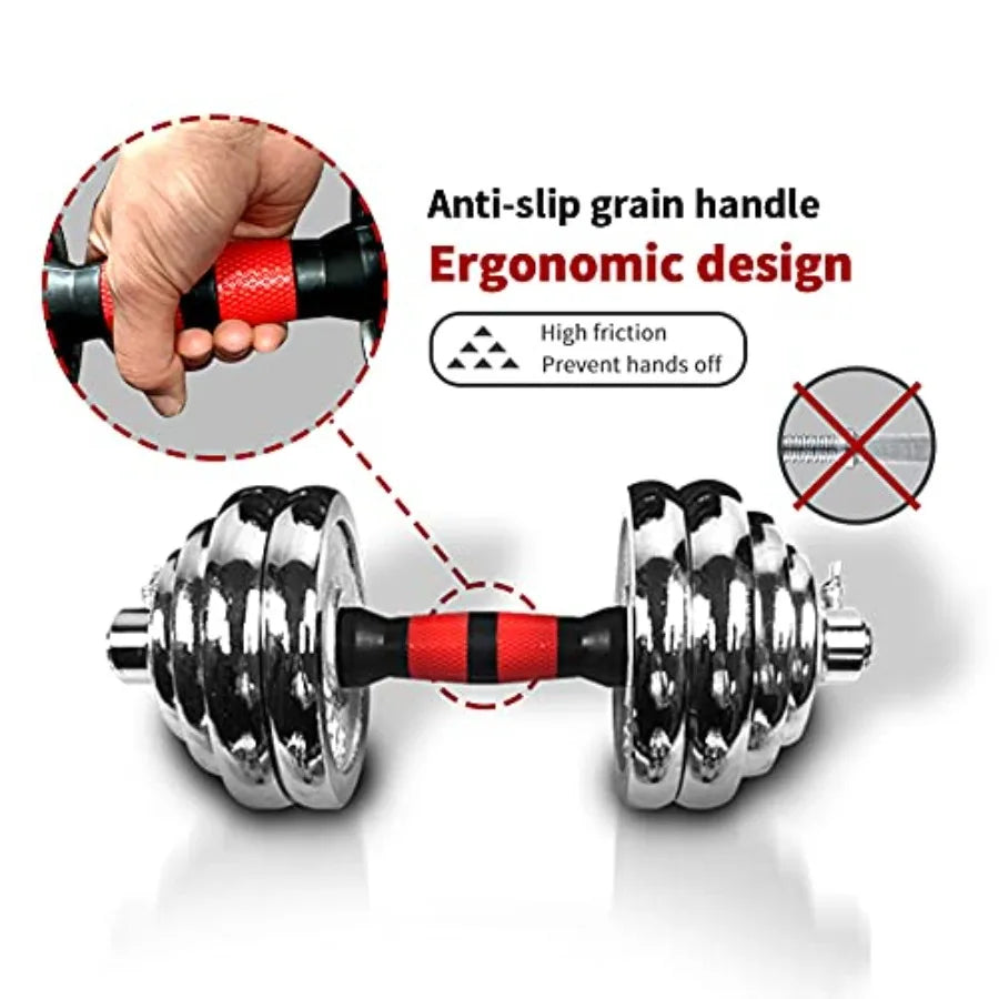 Home gym adjustable dumbbell set with 3-in-1 barbell rod, chromed metal weights, black finish, up to 110lbs max load, includes