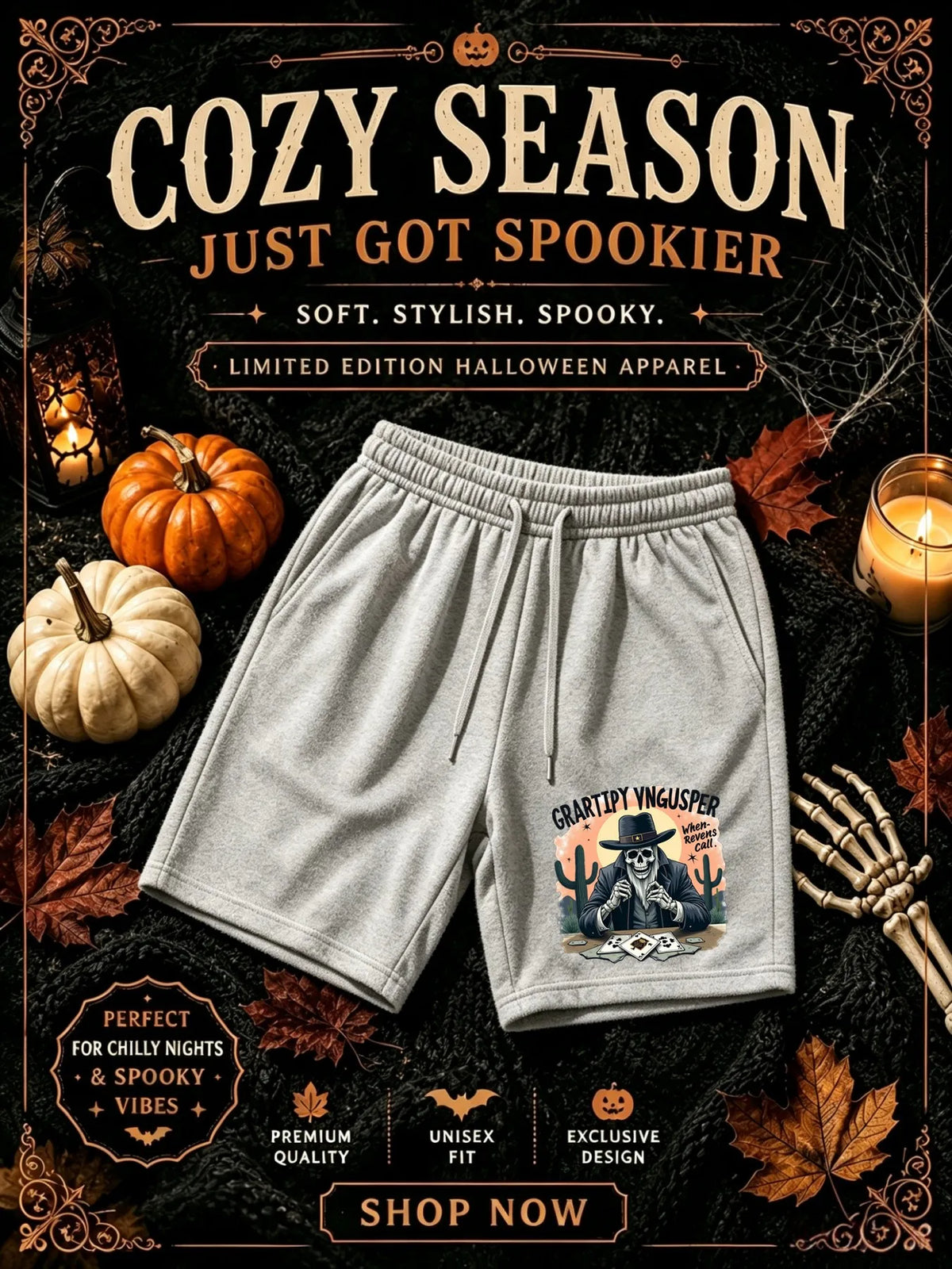 Men's Halloween shorts, skeleton denim and playing cards, desert scene, summoning of the dead theme design, jogging pants