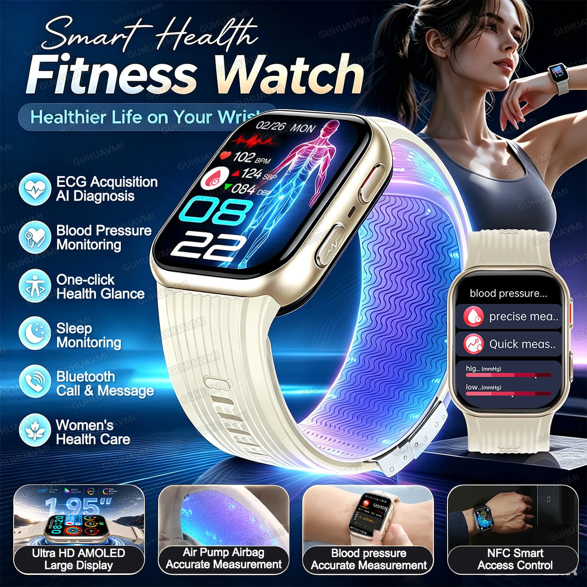 New Ladies Health Smart Watch NFC Airbag Blood Pressure ECG AI Diagnosis Blood Lipid Uric Acid SOS Call Smartwatch For Women BOX