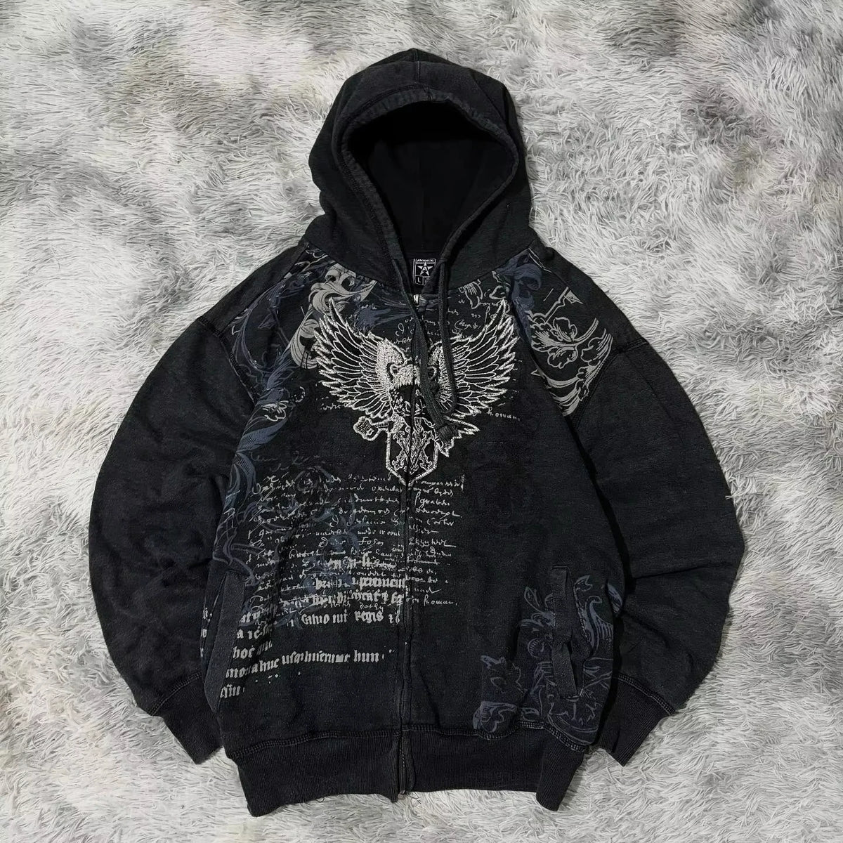 Y2K Gothic Eagle Print Zip Up Hoodie Men Women Vintage Washed Black Hooded Sweatshirt Grunge Streetwear Oversized Hoodie Jacket