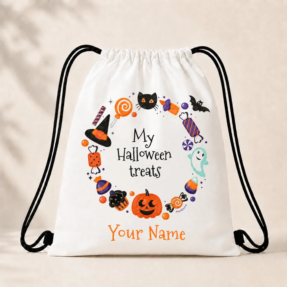 Personalized My Halloween Treats Drawstring Backpack Custom Name Kids Halloween Candy Bag Children Trick Or Treat Sack