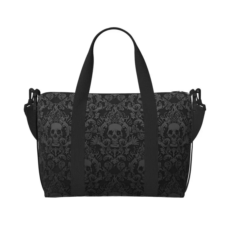 Gothic Black Skull Damask Print Hand Travel Bag Multipurpose Weekender Bags Unisex Casual Waterproof Sports Yoga Luggage Bag
