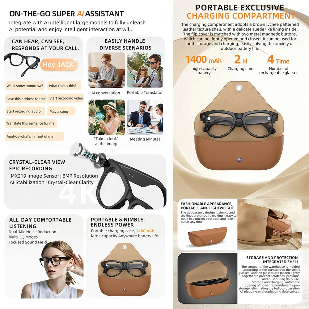 NEW 4K HD Smart Glasses 800W HD Camera AI Large Model IP54 Waterproof AI Dialogue Translation Music Smart Glasses Men Women