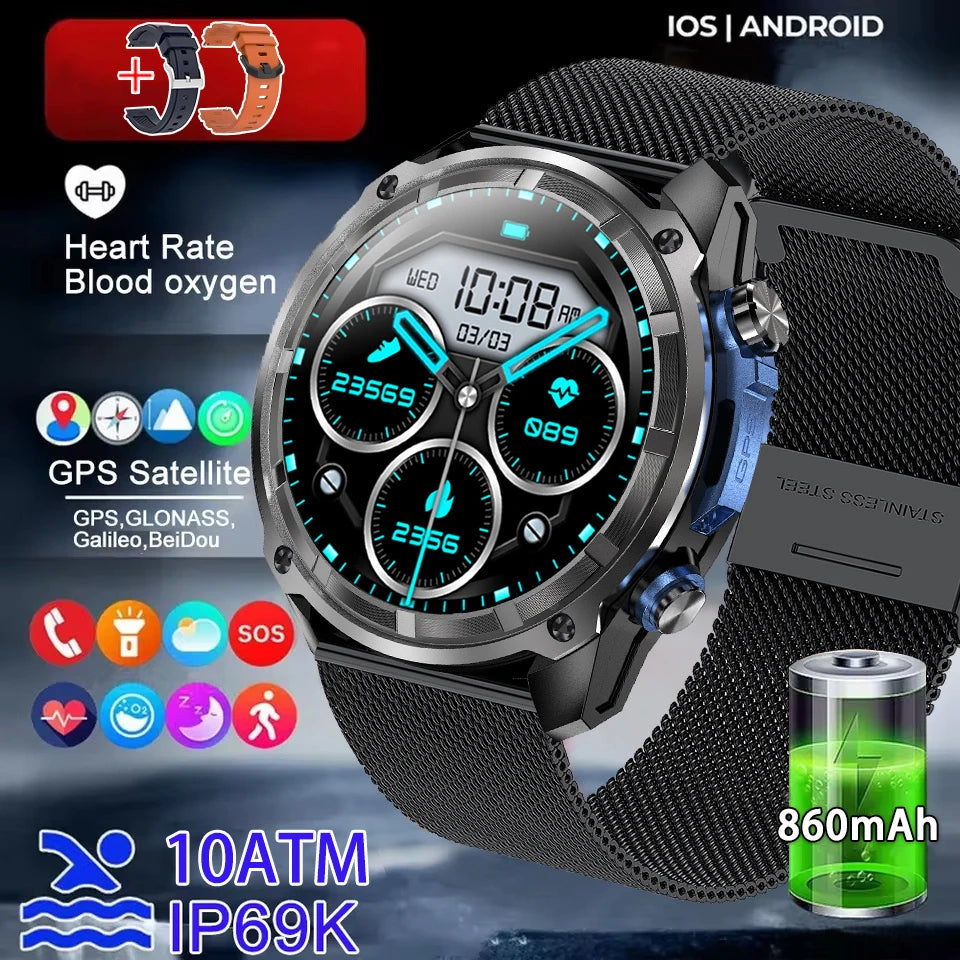 New Six Satellite GPS Precise Positioning Offline Map Smartwatch 10ATM 4GB Memory Flashlight SpO2 170+Sports Tracker Call Watch