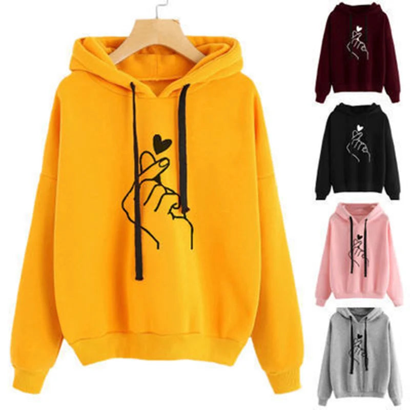 Plus Size Fleece Hoodie Solid Color Finger Heart Hooded Korean Fashion Sweatshirts Long Sleeve Drawstring Pockets Loose Hoodies