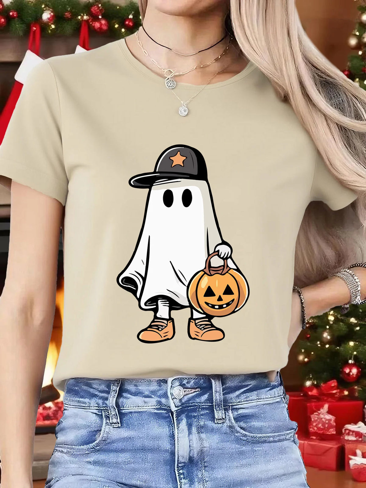 Cute Ghost Cap Pumpkin Basket Womens Crew Neck Short Sleeve T Shirt Halloween Cartoon Spooky Casual Graphic Tees For Ladies