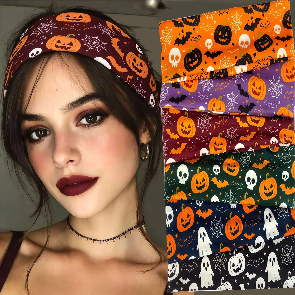 1PC  2026 New Halloween Headband - Fashionable and Cute Pumpkin Ghost Print Scarf - Elasticated Party Party Accessories