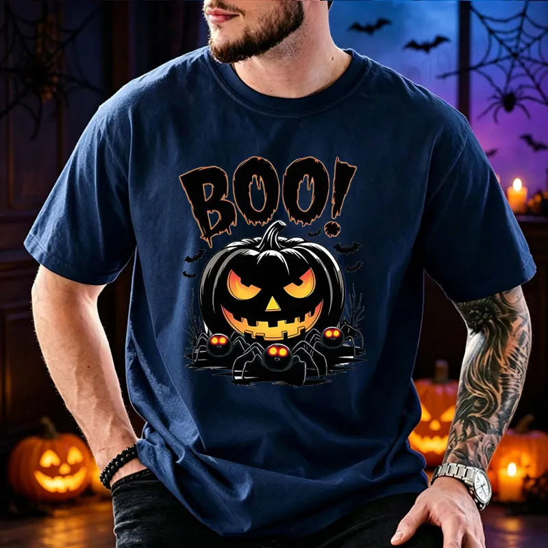 Men Halloween Boo Pumpkin Print T‑Shirt O‑Neck Casual Tee Spooky Spider Bat Graphic Tops Holiday Party Streetwear Men Clothing