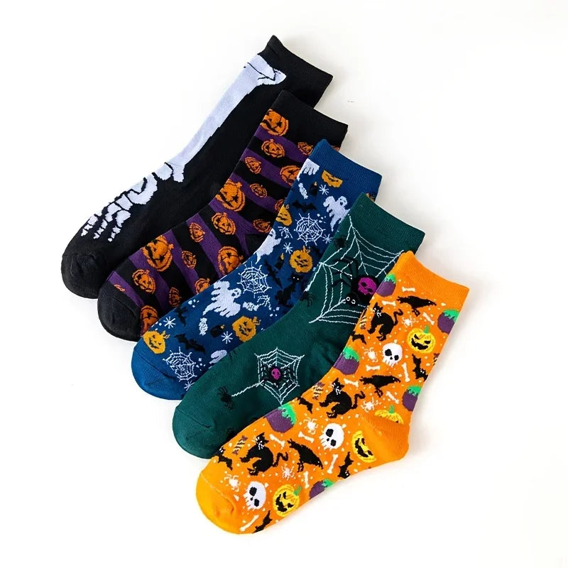 5Pairs Halloween Novelty Socks Men Women Funny Pumpkin Ghost Skeleton Spider Cat Print Mid‑Calf Socks Holiday Party Cosplay Sock