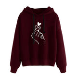 Plus Size Fleece Hoodie Solid Color Finger Heart Hooded Korean Fashion Sweatshirts Long Sleeve Drawstring Pockets Loose Hoodies