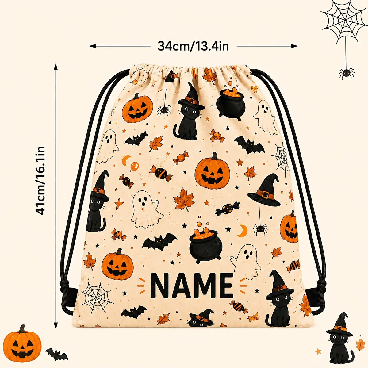 1PC Personalized Halloween Drawstring Bag Custom Name Pumpkin Ghost Candy Backpack Sack Boys Girls Party Gift Bag Decoration