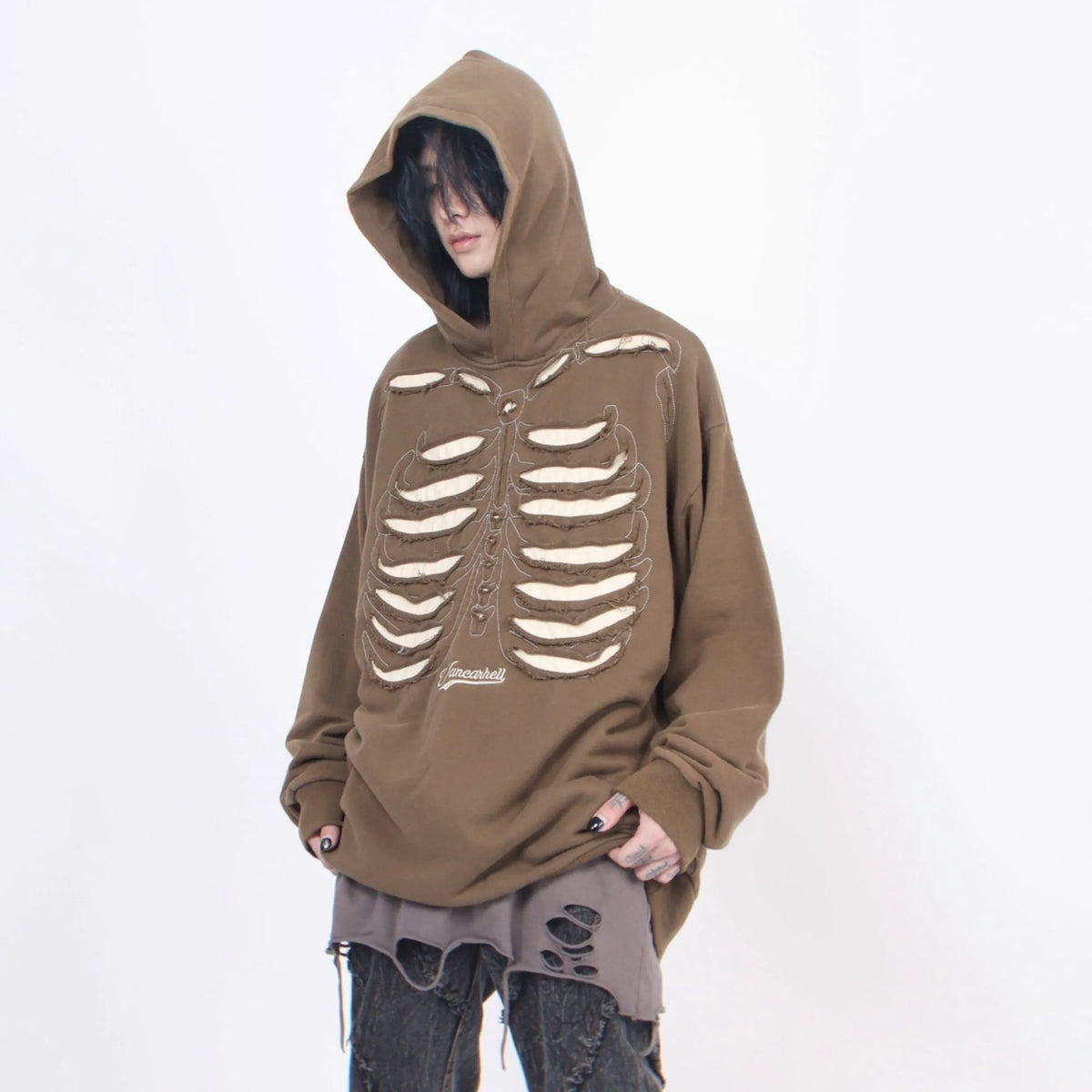 Autumn Winter Ripped Hole Skeleton Design Punk Hip Hop Hoodie Men Women High Street Vintage Oversize Hoodies