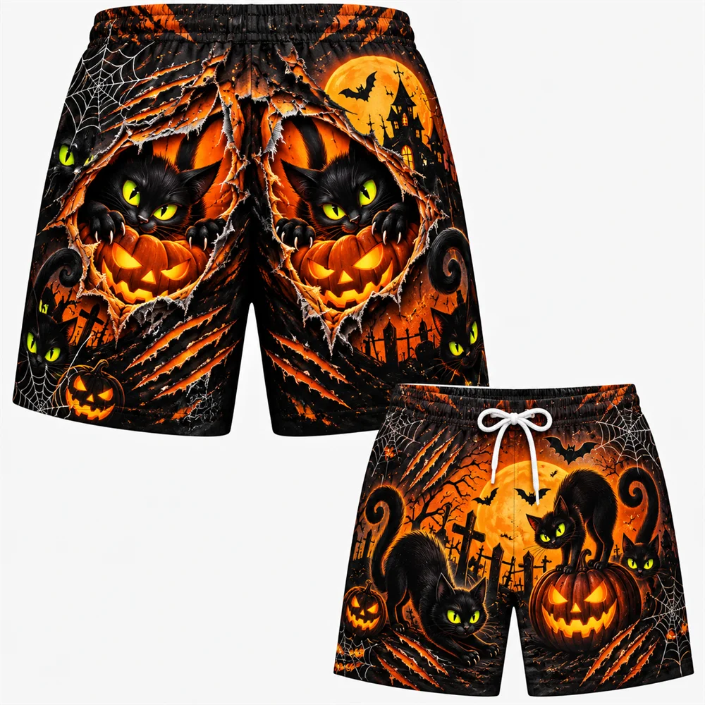 2026 Funny Halloween Fake Buttocks Board Shorts For Men 3D Jack O Lantern Print Loose Shorts Beach Elastic Waist Holiday Wear