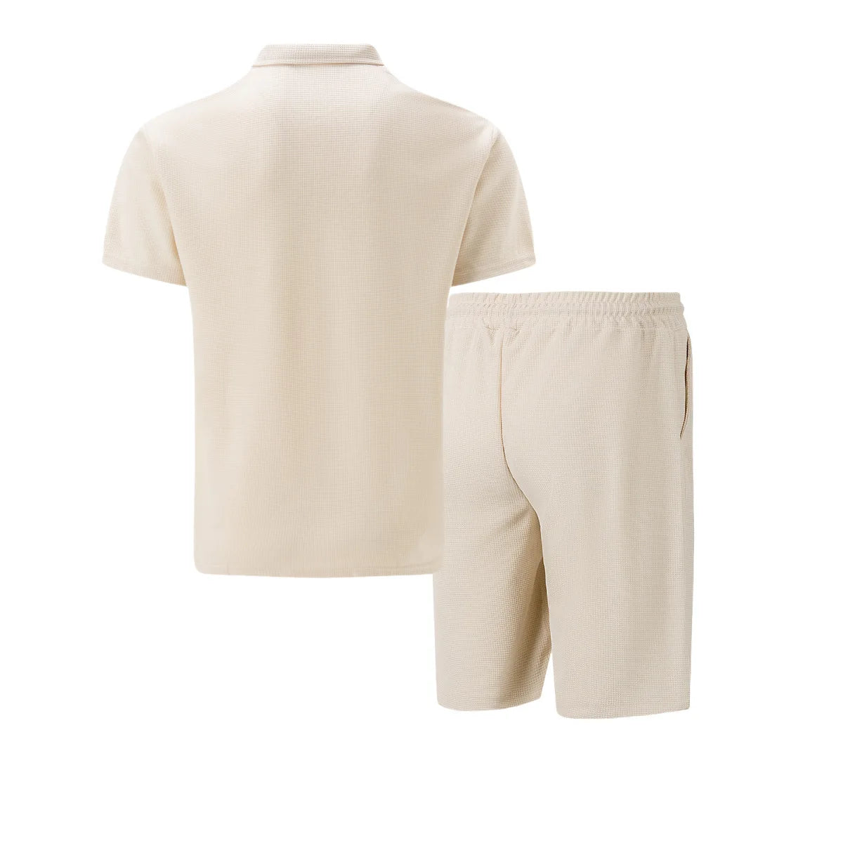 Men Europe and the United States New Summer Waffle Solid Color Zip-Up Lapel Short-Sleeve Suit Shorts Two Sets