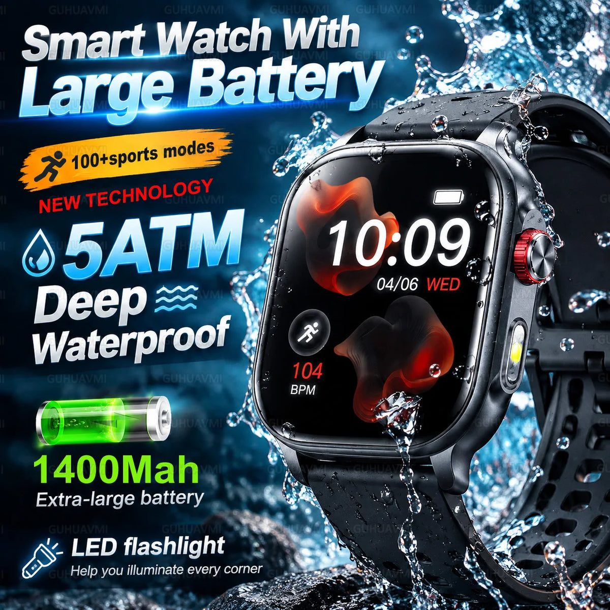 New1400mAh Large Battery Smart Watch 5ATM Waterproof LED Flashlight 100+ Sports Modes Heart Rate Fitness Tracker Men Smart Watch