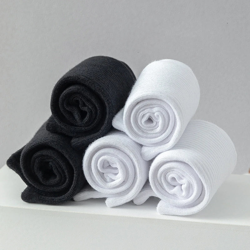 5 Pairs/lot Pure Cotton Men's High Socks Classic Black White Breathable Sweat-Absorbent Women's Autumn Warm Elastic Sports Socks