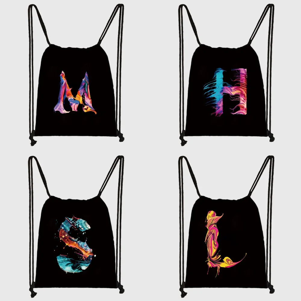 26 Initials Print Drawstring Bag Backpack Men and Women Beach Sports Travel Backpack Kid Gift Supplies Bag Portable Sundries Bag
