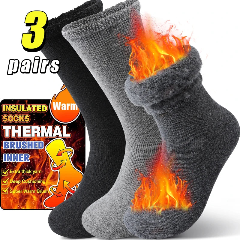 3Pairs Men's Fleece Lined Thermal Crew Socks Winter Plush Mid-Calf for Snow & Indoor Dark Solid Comfort Terry Socks Daily Wear