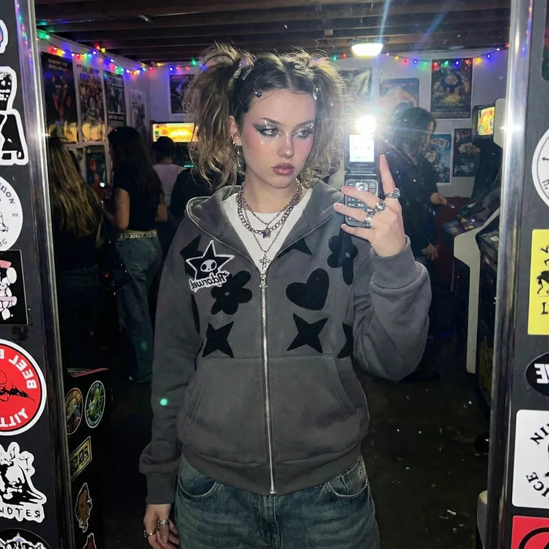 Women Retro Embroidery Hoodies Autumn Winter Zip Up Long Sleeve Loose Jacket Coats Y2k Harajuku Casual P