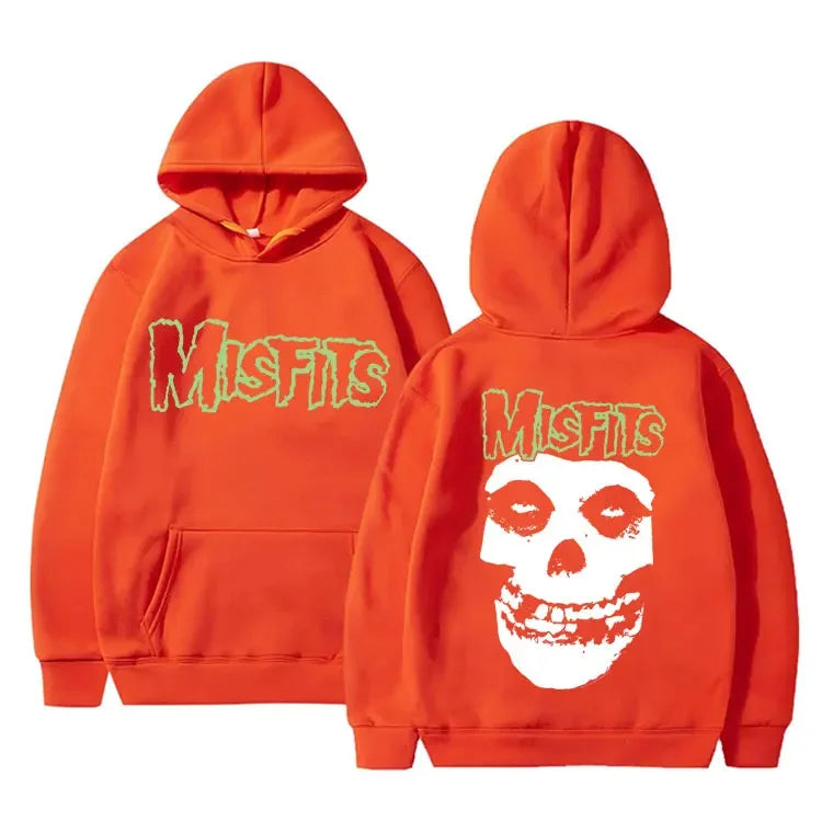 2025 Horror Punk Misfits Skull Graphic Print Hoodie Men Gothic Vintage Loose Fleece Cotton Hooded Sweatshirt Rock Style Pullover