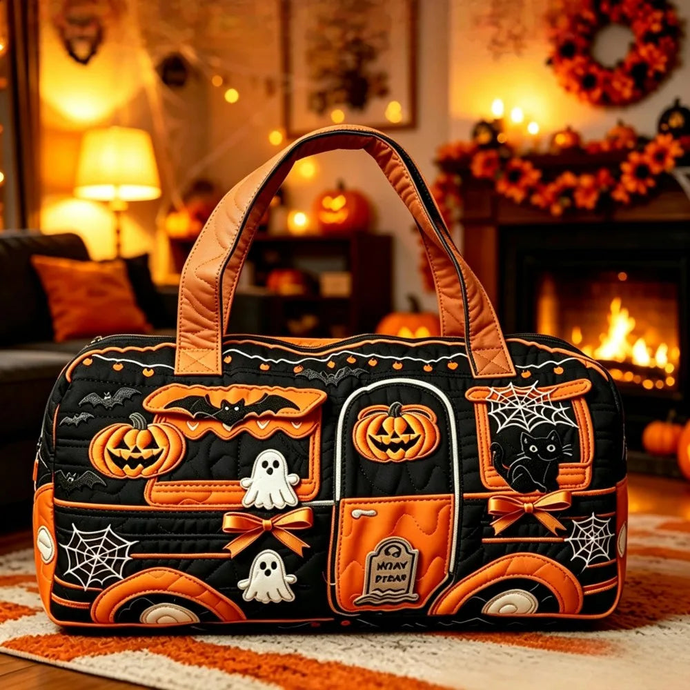 Halloween Quilted Women's Bus Pumpkin Bat Printed Handbag Valentine's Day Gift Multifunctional Fitness Bag Short Trip Bag